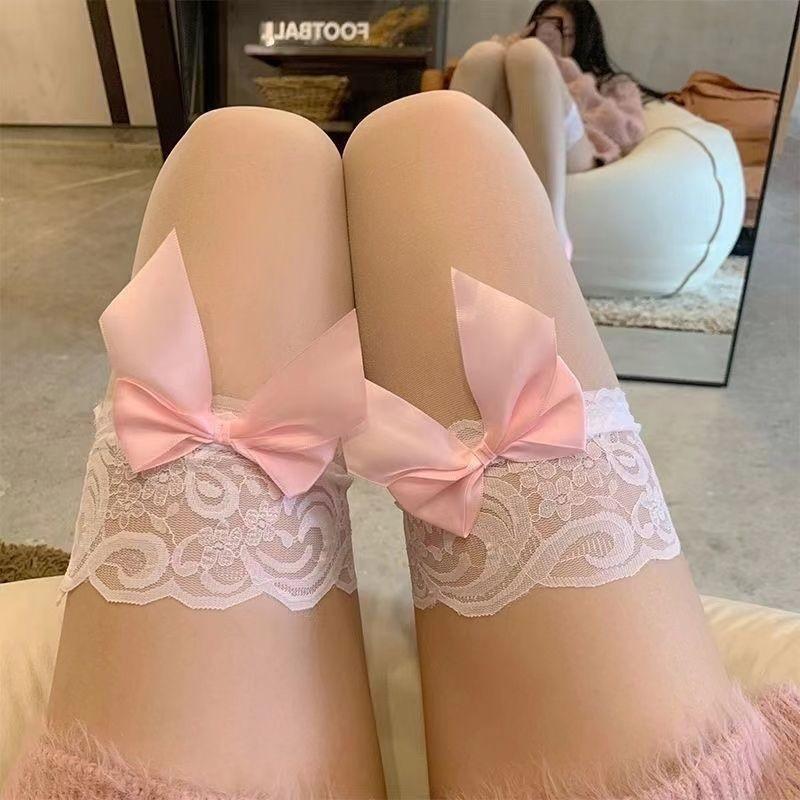 Stockings Black Ins Ripped Half Mesh Lace Long Tube Knee-high Sweet And Cute Core-spun Silk Thigh Socks