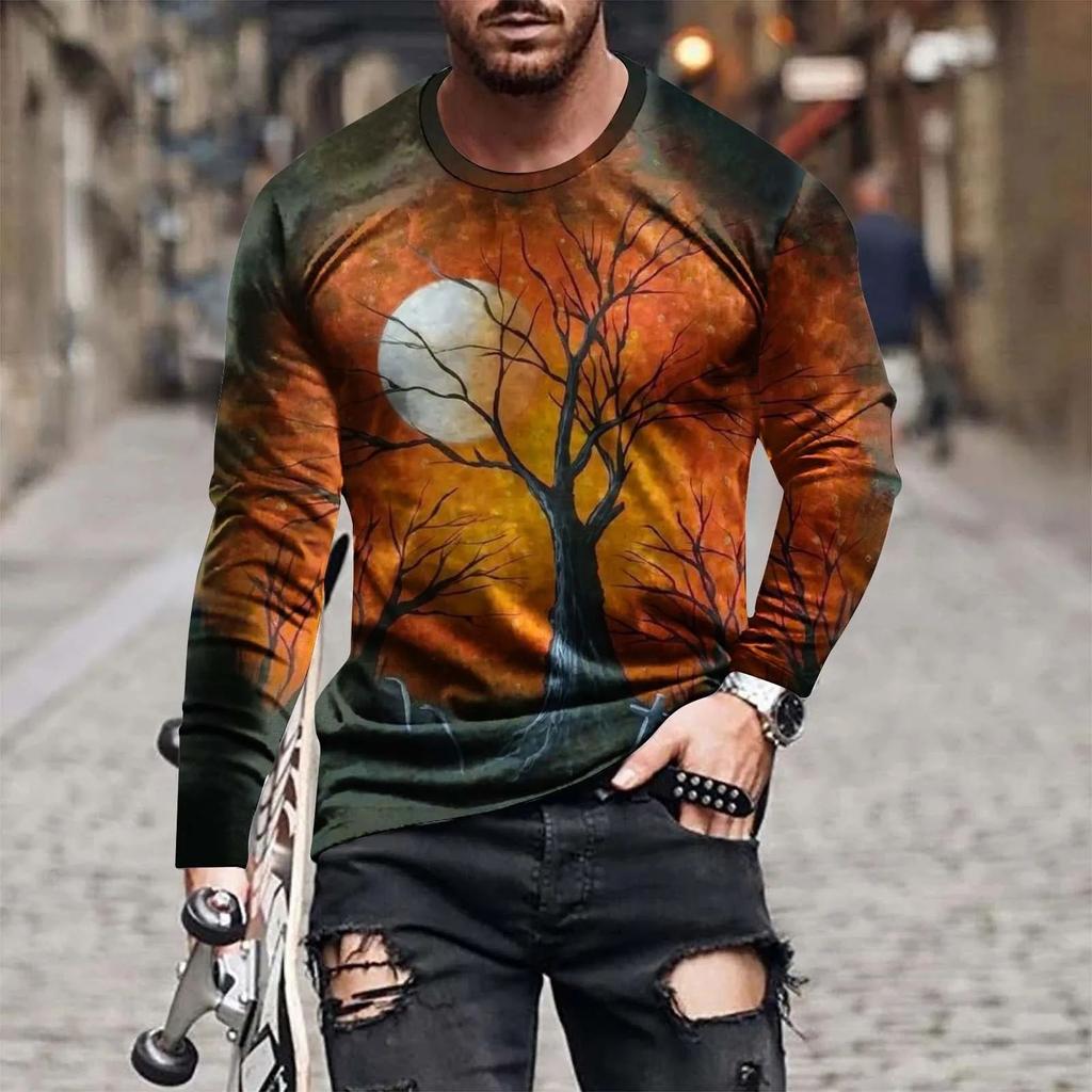 Fashion Street Personality Man Spiderweb Halloween Hd 3d Printed Long Sleeve T-Shirt Plus Size Loose Comfortable Jumper