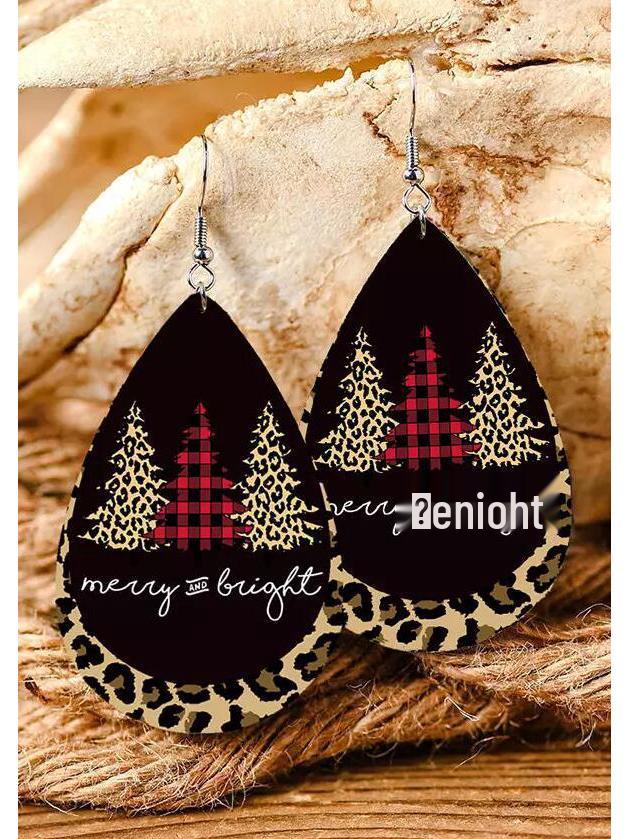 Retro Multicolor Plaid & Leopard Leather Christmas Tree Earrings