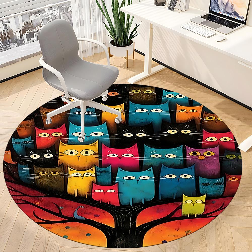 1pc Colorful Cats Office Round Area Rug, Indoor Mat Suitable ForOffice, Under Office Chairs Bedroom Living Room Home Decor, D125