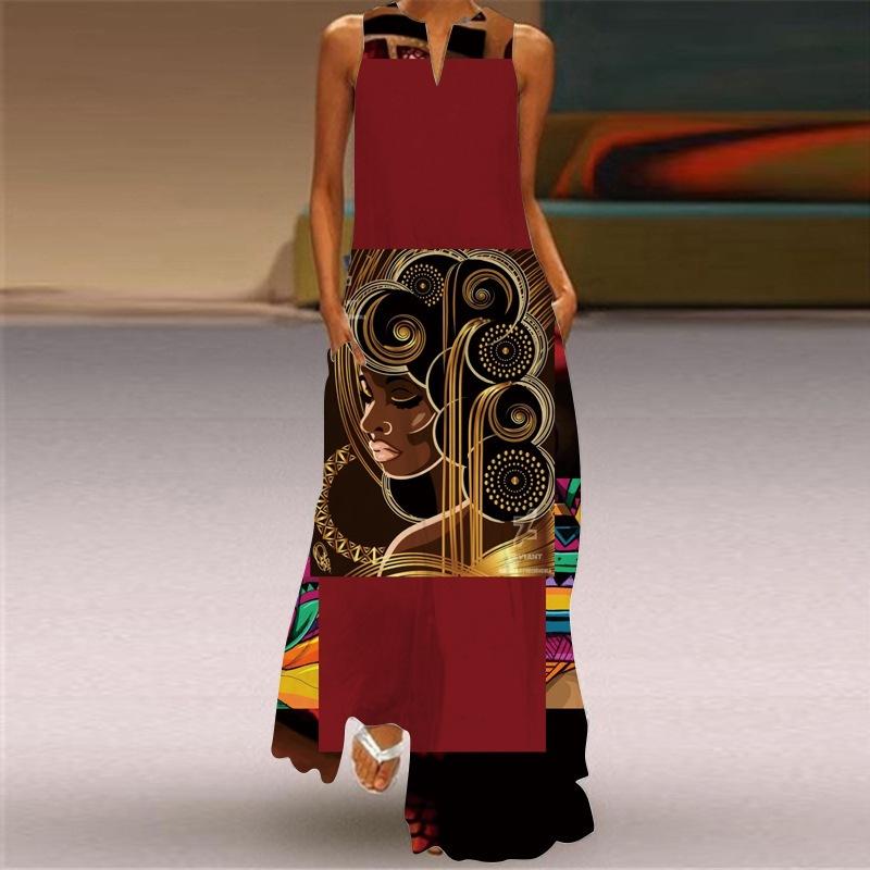 Women's V Neck Sleeveless Maxi Dress Loose Fit Elastic Waist Ethnic Vintage African Figure Print Long Dress