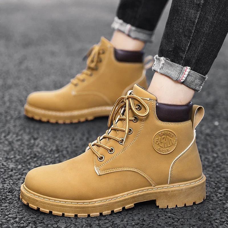 Men High Top Boots Fashion Casual Leather Boot Lace-Up Ankle Boot Non Slip Hiking Boots for Men Motorcycle Booties Botas Hombre