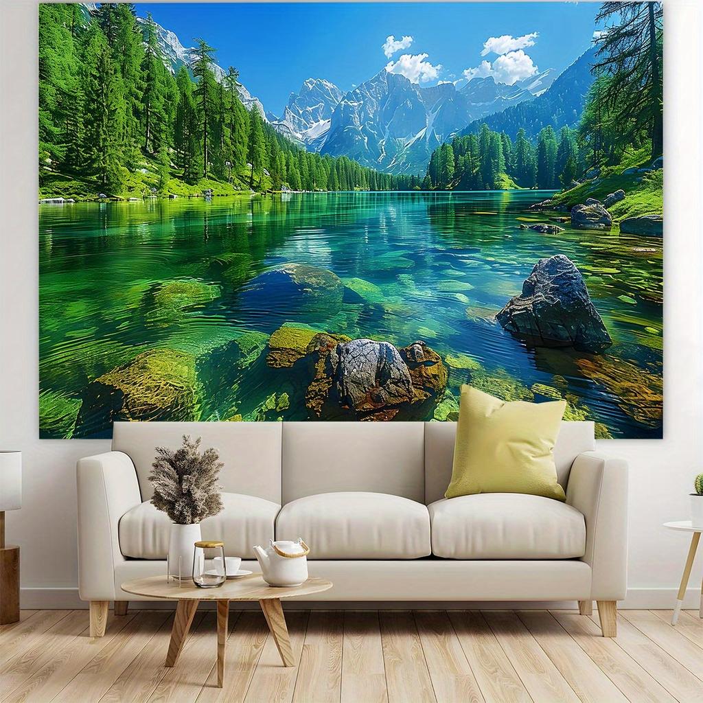 1 piece - Vibrant Italian Alps and clear lake background decoration - Lush green vegetation