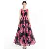 Runway Fashion Flower Print Long Maxi Dress for Women Sexy Square Collar Sleeveless Elastic Waist Slim Summer Dress Chiffon Robes