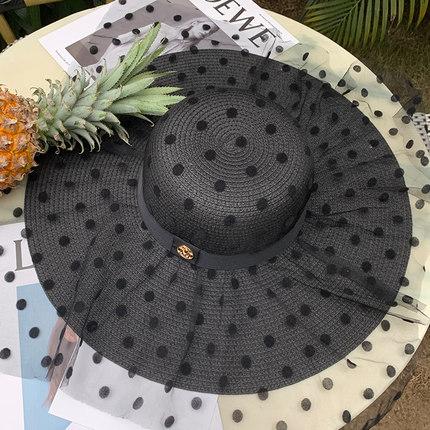 

Women s Floppy Straw Hat Wide Brim Polka Dot Lace Sheer Beach Sun Hat Summer 55-60cm чорний