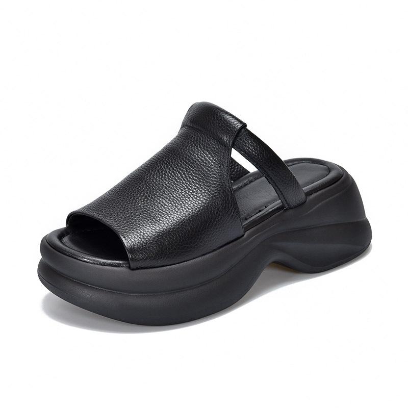 Johnature Genuine Leather Retro Thick Soled Peep Toe Outdoor Slippers Versatile Women's Slip-on Shoes