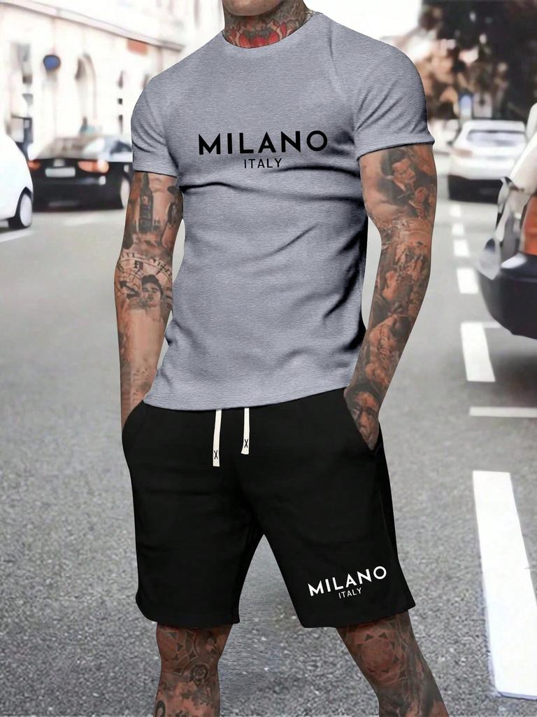 Herren Unifarben Buchstabendruck Sport T-Shirt Shorts Set Sommer Herren Kurzarm Oberteil Kordelzug Shorts 2-teiliges Set Übergröße 6XL