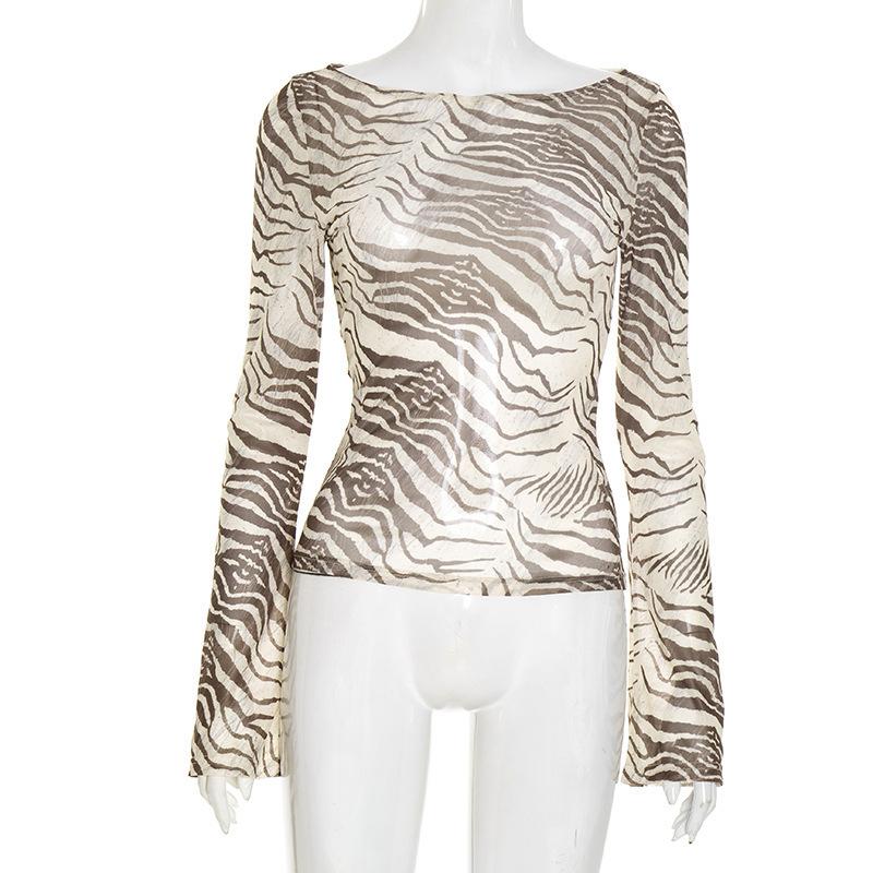 Summer and Autumn New Sexy Spice Girls Style Animal Pattern Printed Off-Shoulder Long Sleeve Waist T-Shirt