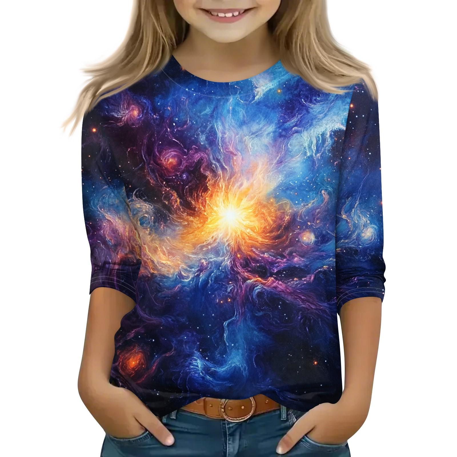 

Топы с принтом для девочек 5-16 лет с круглым вырезом и рукавами 3/4 Футболки Модные топы Наряды Футболки 140 тёмно-синий