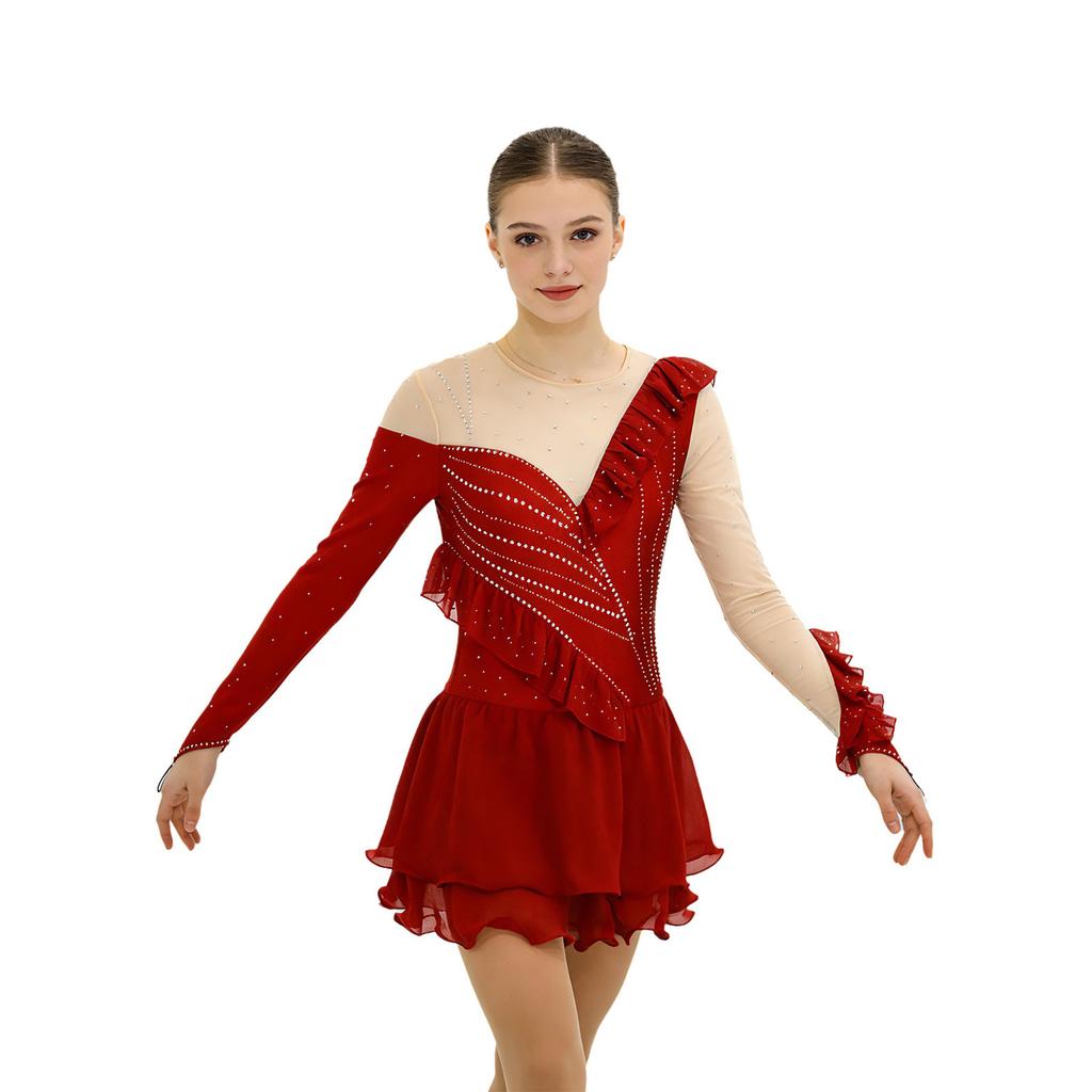 Womens Figure Skating Leotard Dress Ruffled Trim Rhinestones Tiered Chiffon Hem Skirt