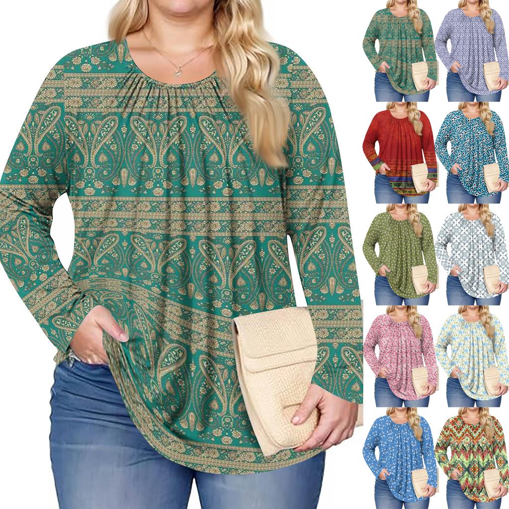 Women's Plus Size Fashion Printed Casual Pleated Round Neck Long Sleeve Top