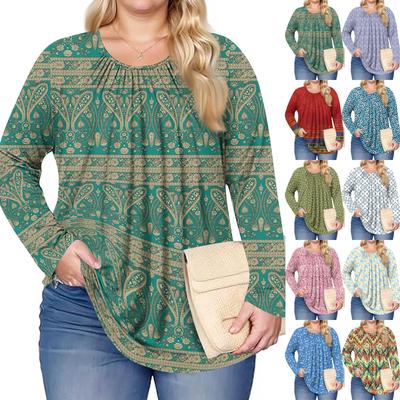 Moda para Mujer Talla Grande Estampado Casual Plisado Cuello Redondo Manga Larga