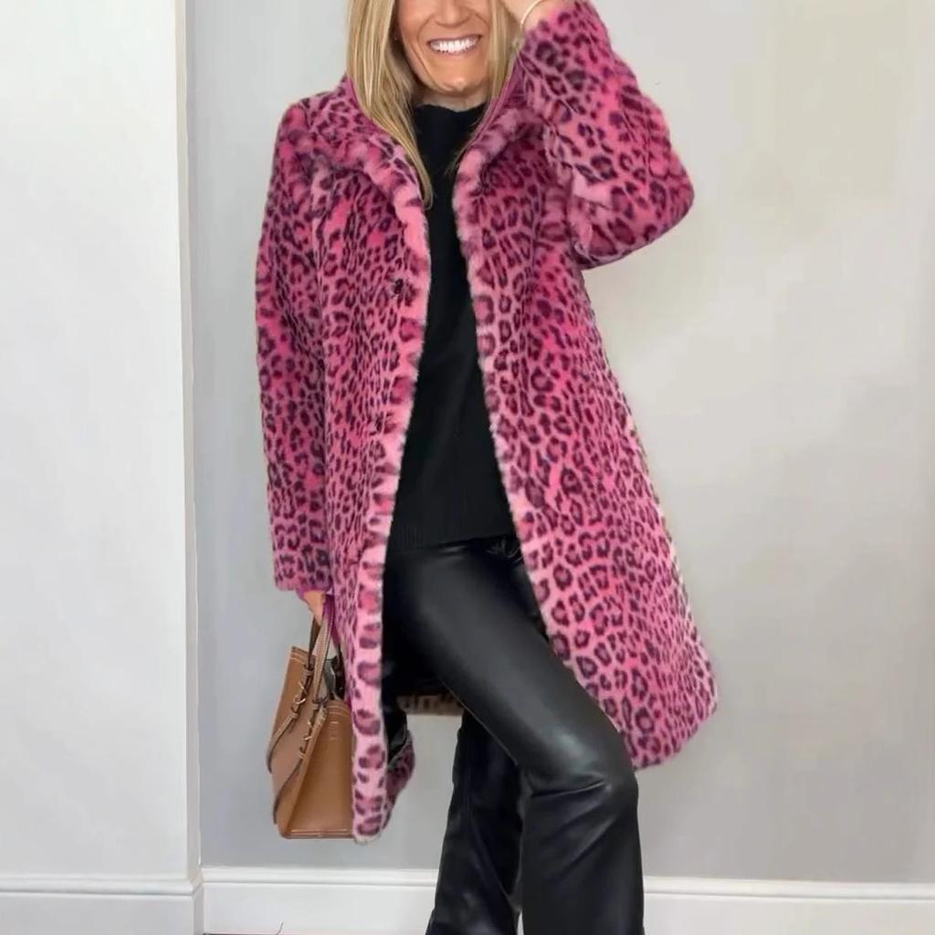 Cappotto da donna con revers, monopetto, stampa leopardata, finta pelliccia, lunghezza media