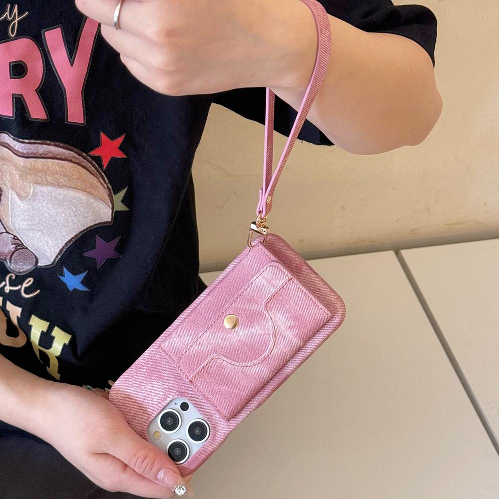 For iPhone 15 Pro Max Case Card Slots Mirror Design Jeans Cloth Texture PU Leather Back Cover with Strap