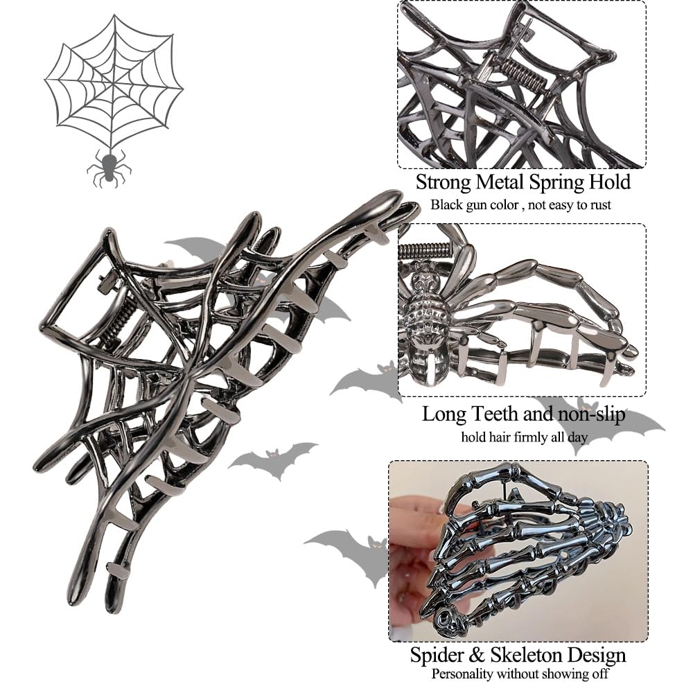 3PCS Black Spider Web Skeleton Hand Skull Hair Claw Clips for Women And Girls, Hiphop Metal Large Medium Size for Thick Thin Hair