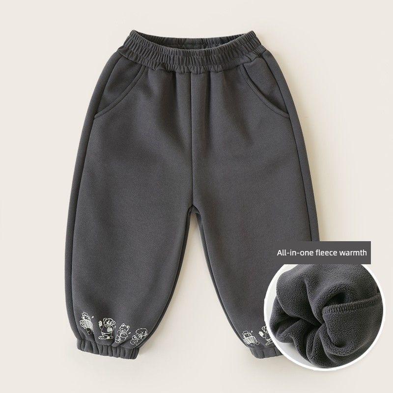 Boys Ollie Velvet Sports Long Pants, Winter Clothing, Autumn and Winter Style Cotton Pants, Children s Clothing, Thickened Warm Pants, Winter Trendy Dark gray 110cm