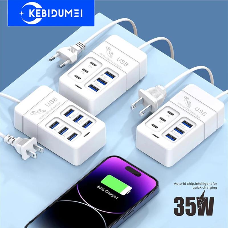 6 Ports Multiport USB Charger 35W PD Type-C Mobile Phone Fast Charging Quick Type C Wall Chargers TypeC Hub Adapter EU US Plug