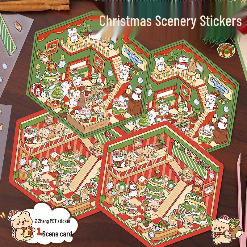 Christmas Miniature 3D Cabin Scene Stickers – Cute Handmade Cartoon Stickers for Journals