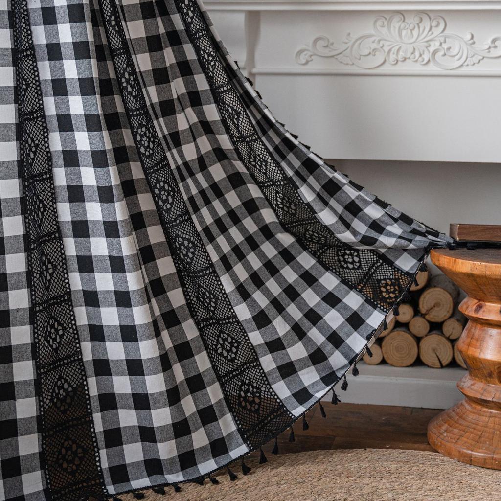 Curtain Lanju Finished Product Printed Hollow Splicing American Kitchen Semi Blackout Curtain Tassel
