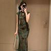 New Chinese Retro Printing Improved Cheongsam Dress, High Sense, Stepmother Style, Hip-wrapped Long Skirt Temperament