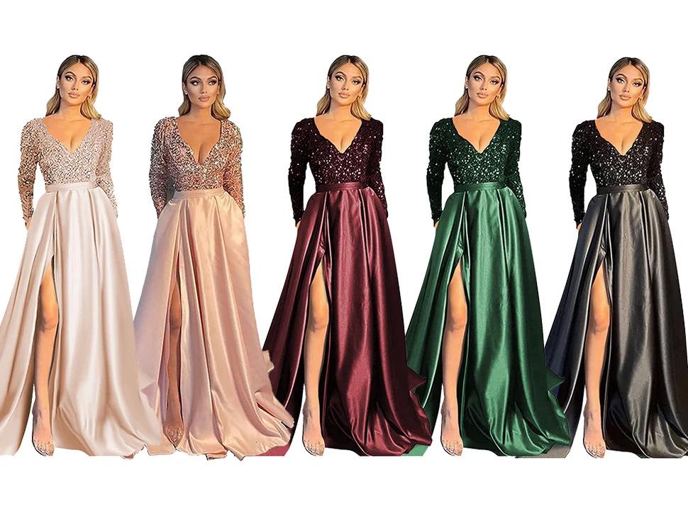 Elegant One-Shoulder Long-Sleeve V-Neck Sequin Slit Evening Gown