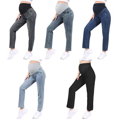 Jeans premaman M-3XL con vita alta regolabile: Comodi Jeans a Gamba Larga per Donne Incinta, Tasche Laterali