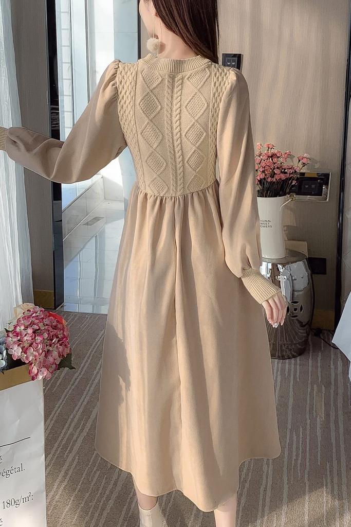 Chubikime Long Long Women's Dress, Knit, Layered, Midi, Sleeve, A-Line, Slimming, Ribbon, Stylish, Casual, Fall/Winter/Spring
