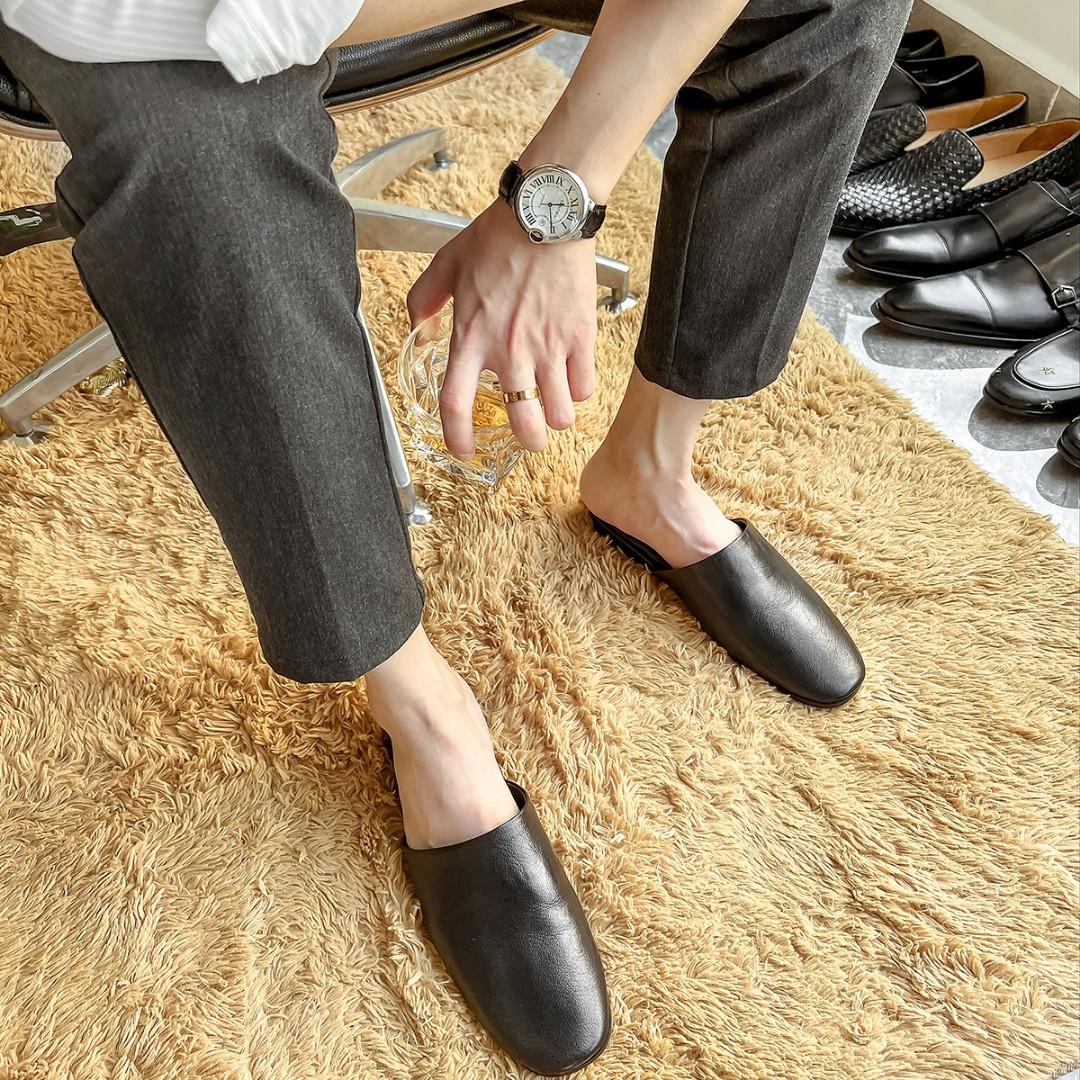 

[Textured pull full crystal sheepskin mop] Lambskin slippers men s genuine leather men s mop sandals flat bottom 44 чёрный