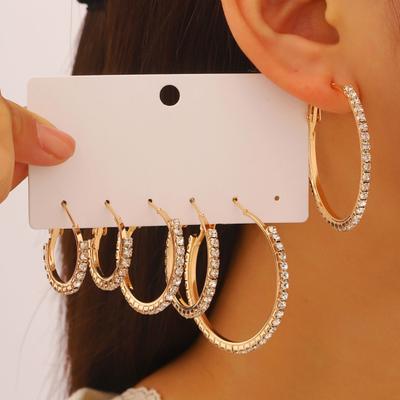 3 Pairs Women Earrings Ear-Pin Closure Stable Wearing Structure Multi-Size Hoop Earrings with Rhinestones Inlaid Jewelry