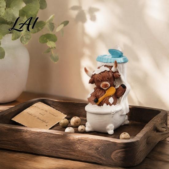 Farmhouse Style Figurine Highland Cow Bathroom Figurine Resin Scottish Calf Bathing Statue Funny Gifts Animal Ornament for Home Office Tiered