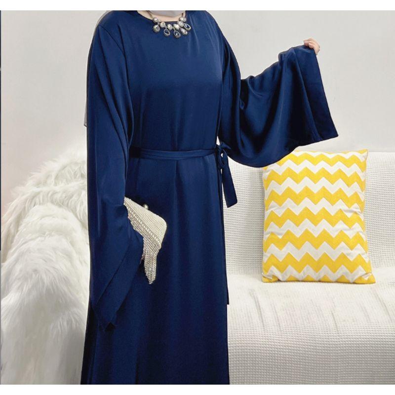 

Fashion Pure Color Plus Size Multicolor Robe round Neck Tied Large Swing Silm Dress Lace-up Robe Dress Dark Blue XL