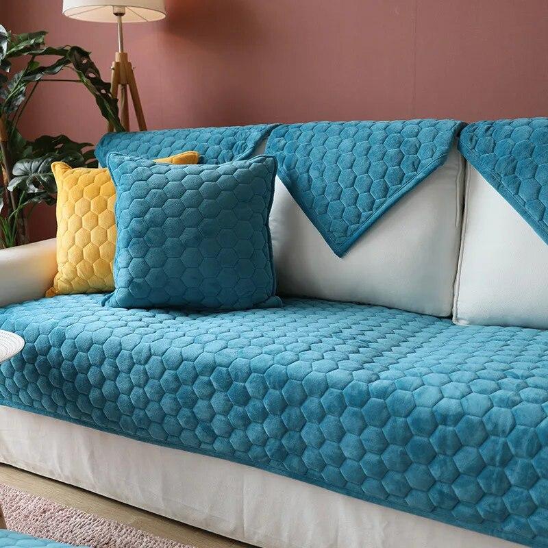 Housse de Canapé en Velours Cristal à Rayures pour Salon Coussin de Canapé Couleur Unie Housse de Canapé en L Antidérapante Accoudoir Dossier