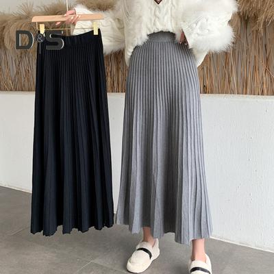 Damen Strickrock, hohe Taille, einfarbig, A-Linien-Rock, lockere Passform, Faltenrock, Herbst/Winter, langer Rock