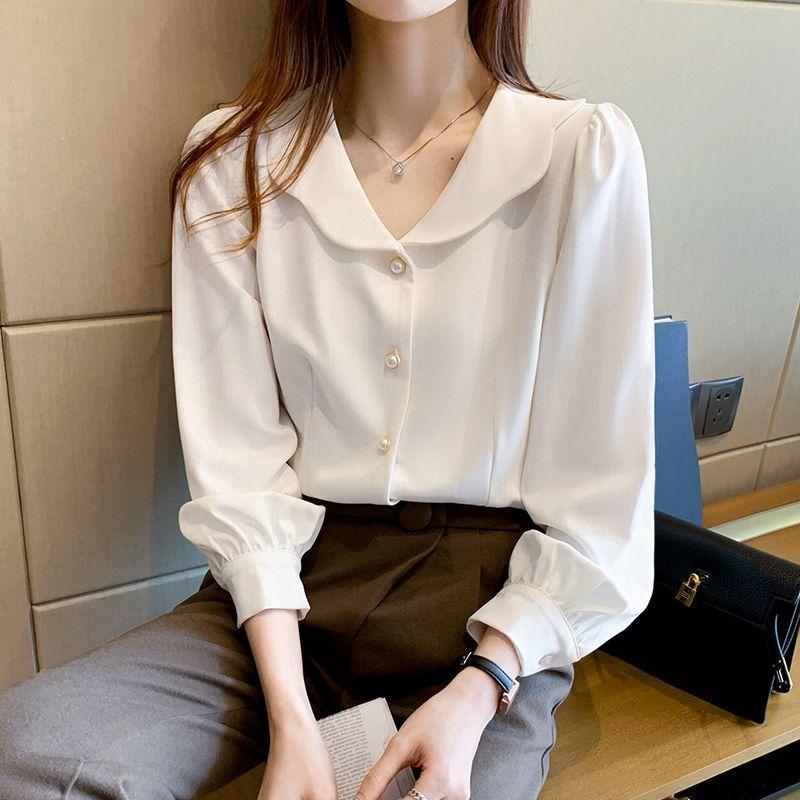 Baby Doll Collar White Shirt Women's Autumn New Fashion Long-sleeved Shirt French Chiffon Top