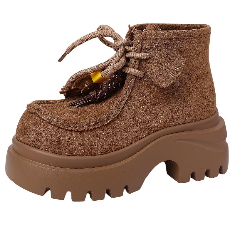 Retro lace-up tassel big head casual board shoes women's autumn fashion Korean version of versatile temperament platform loafers single shoes