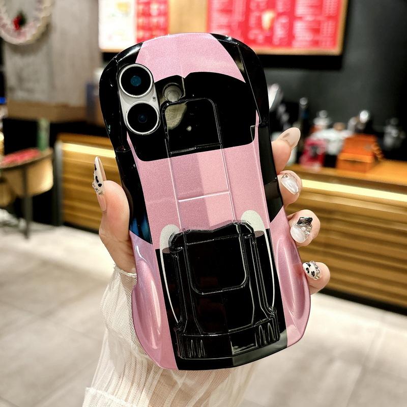 3D Car Shape Cool Glossy Phone Case For iPhone 16 Pro Max 15 Pro 14 13 12 11 Slim Hard PC Hybrid Silicone Soft Edge Shockproof Bracket Back Cover