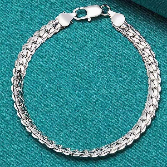925 Silver Bracelet 6mm 18/20cm Flat Side Chain Lobster Clasp Bracelet For Woman Man Party Wedding Jewelry Holiday Gift