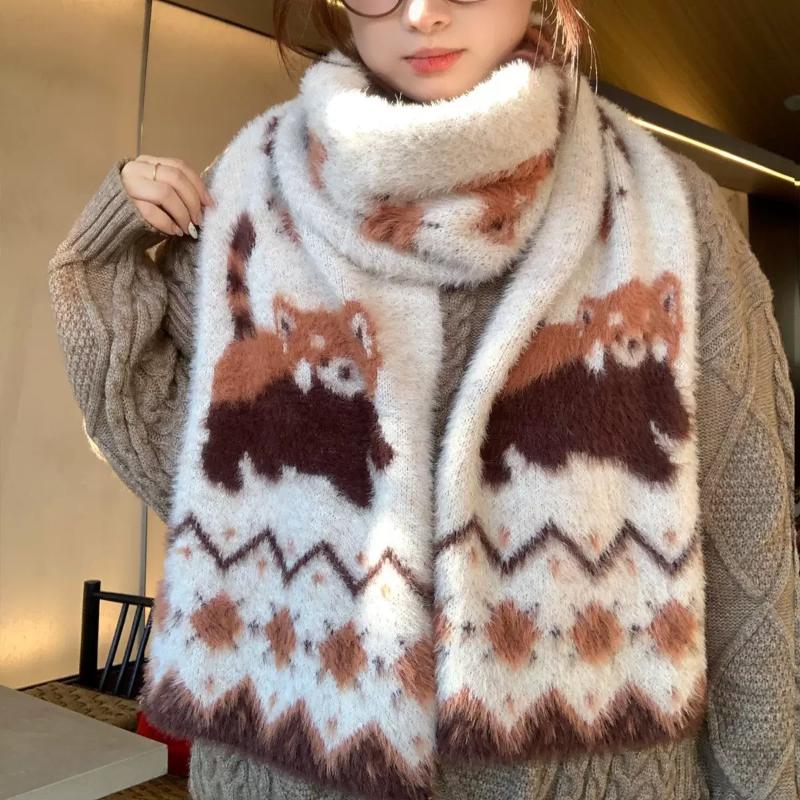 Cartoon Brown Raccoon Patterned Scarf Knitted Faux Mink Fur Scarf Soft Comfort Women Winter Neckerchief Warm Scarves