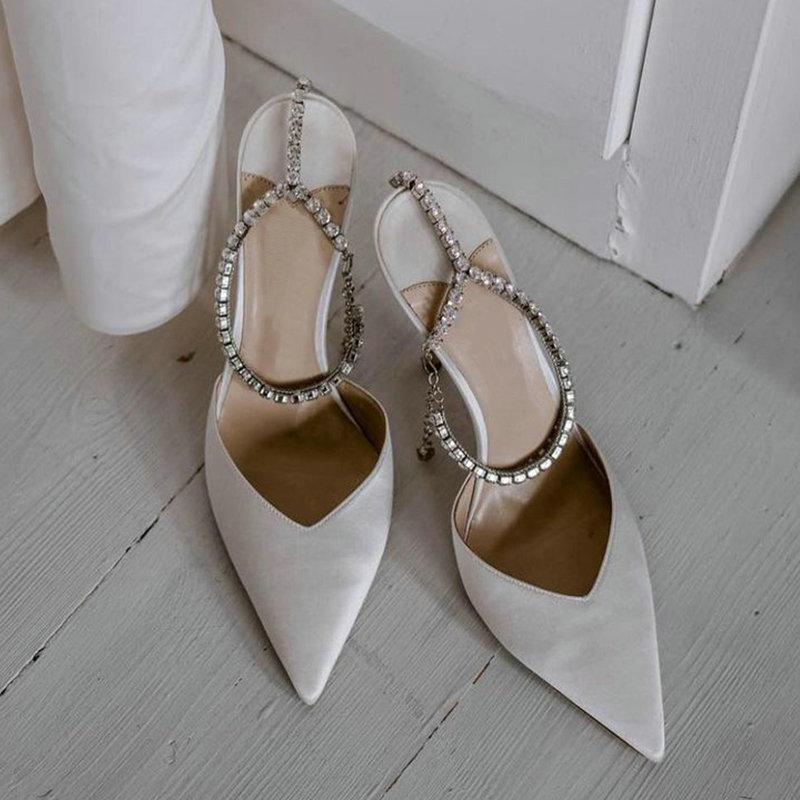 Fashion Crystal Pendant Word With Diamond Chain High Heels Europe And The United States New Pointy Thin Heel Sexy Overhead Sandals Pumps