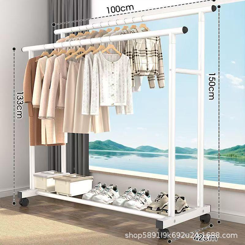 Extra Thick Double Rod Mobile Clothes Rack for Home and Dormitory