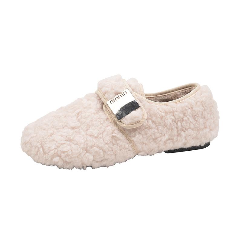 

French niche metal buckle fluffy shoes for women s 2025 autumn and winter outer wear velvet warm-soled Velcro casual cotton shoes 35