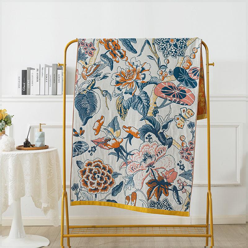 90 X180cm Absorbent Quick Drying Floral Large Bath Towels 4 Layer Gauze Towel Cotton Blanket Boho Jacquard Air Conditioning Thin Comforter Blanket 1pc