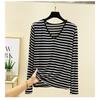 Plus Size Modal Chest Pad T-shirt Spring and Autumn Versatile Stripe Bottoming Shirt V-neck Thin Bra-Free Home Wear Top