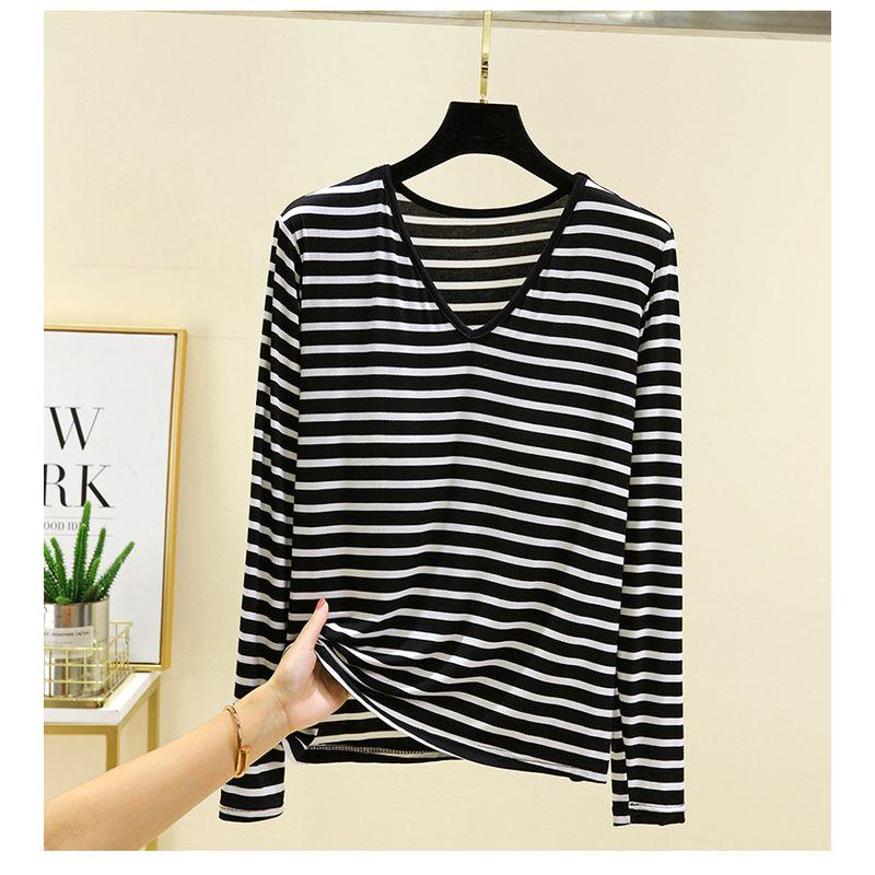 Plus size Modal Chest Pad T-shirt Spring and Autumn Versatile Stripe Bottoming Shirt V-neck Thin Bra-Free Home Wear Top