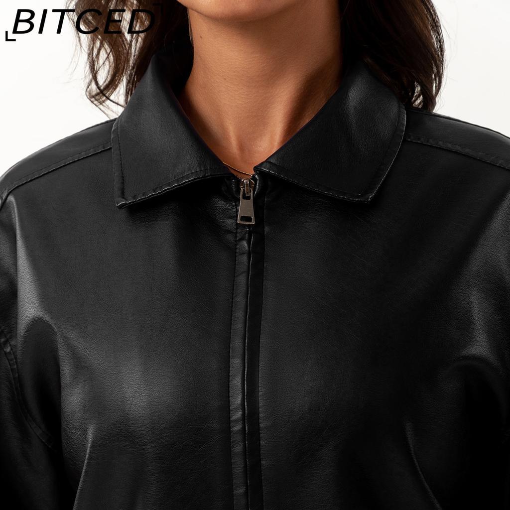 BITCED Fashionable Oversized Leather Jacket for Women Long-Sleeve Collared Spring/Fall Coat