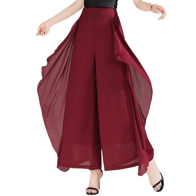 Pantaloni-Gonna Estivi in Chiffon a Vita Alta da Donna - Larghi, a Gamba Larga, Capo d'Abbigliamento Casual