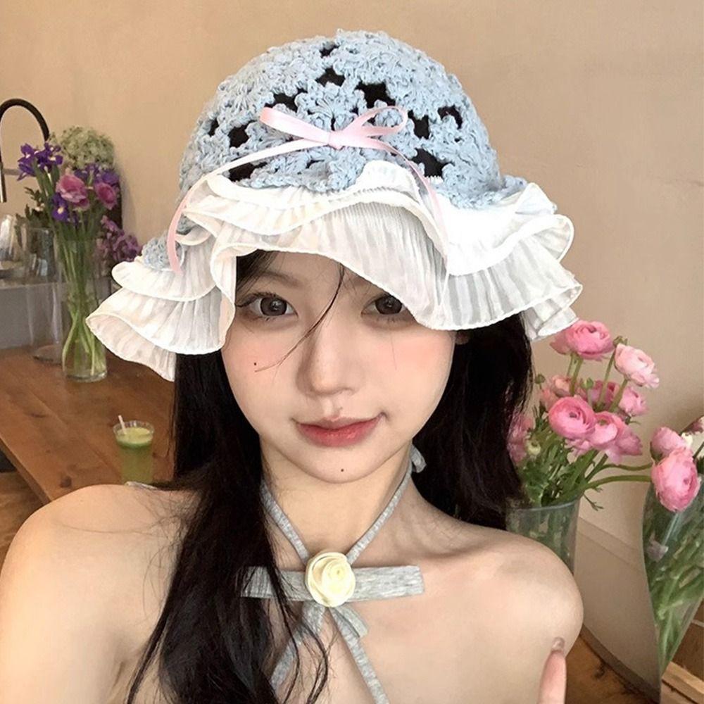 Weave Straw Hat Hollow Bow Knot Hat Sweet Fisherman Hat  Date