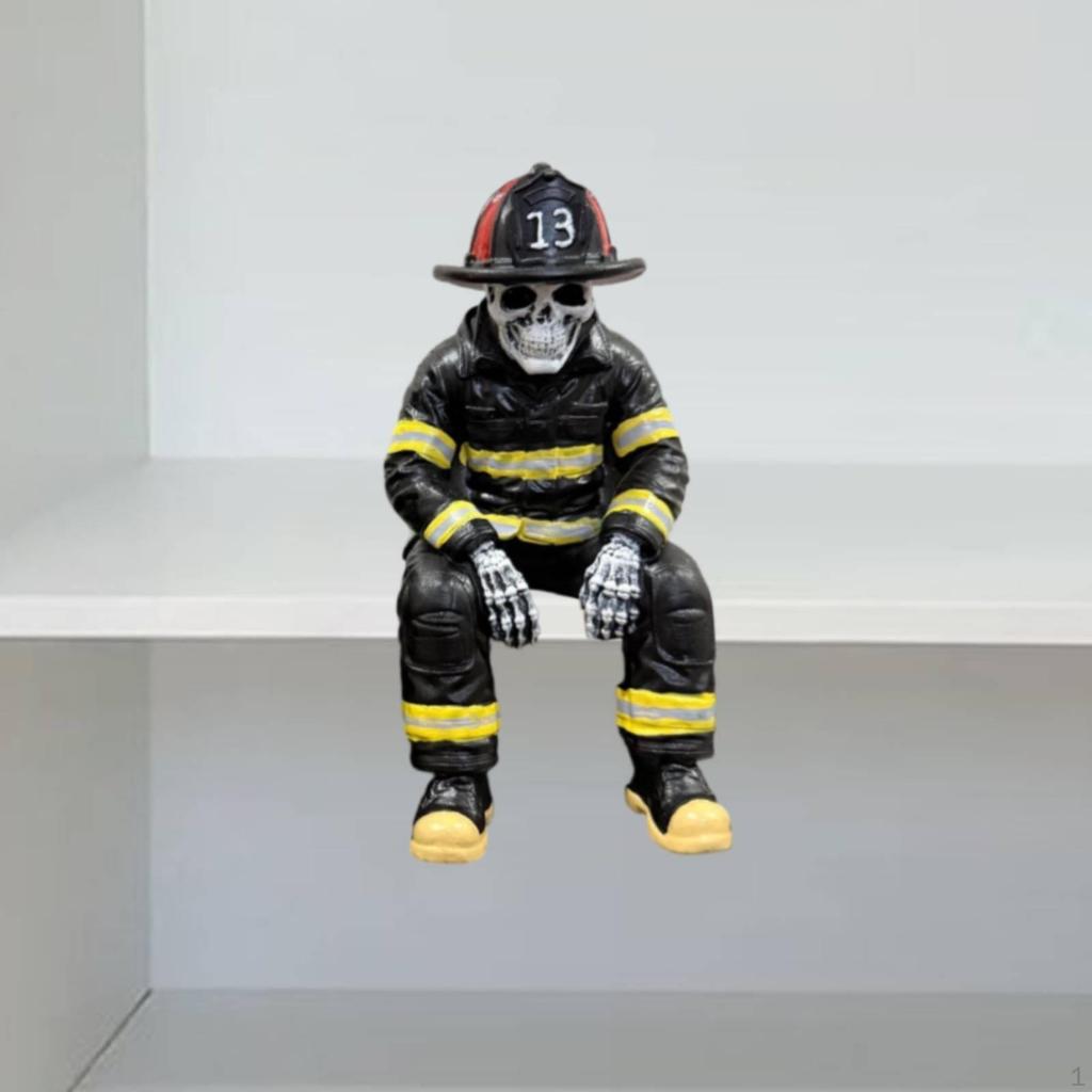 Firefighter Skeleton Statue Ornament Resin Sitter Figurine for Home Decoration