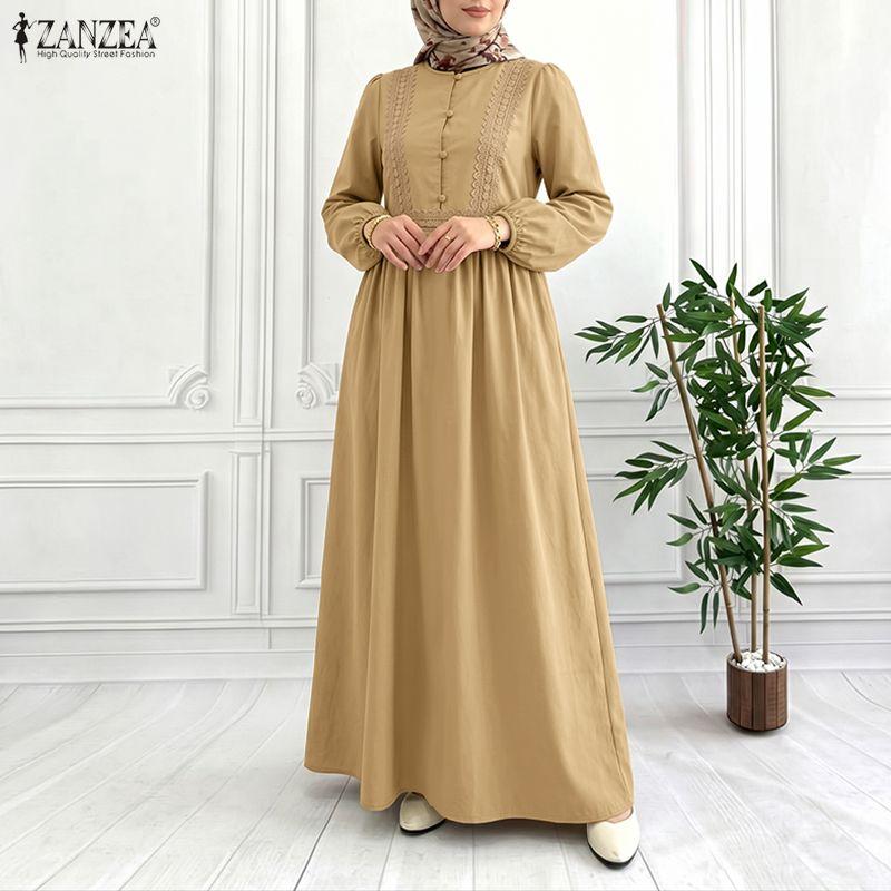 ZANZEA Abito Musulmano Casual da Donna con Scollo Rotondo, Manica Lunga Larga