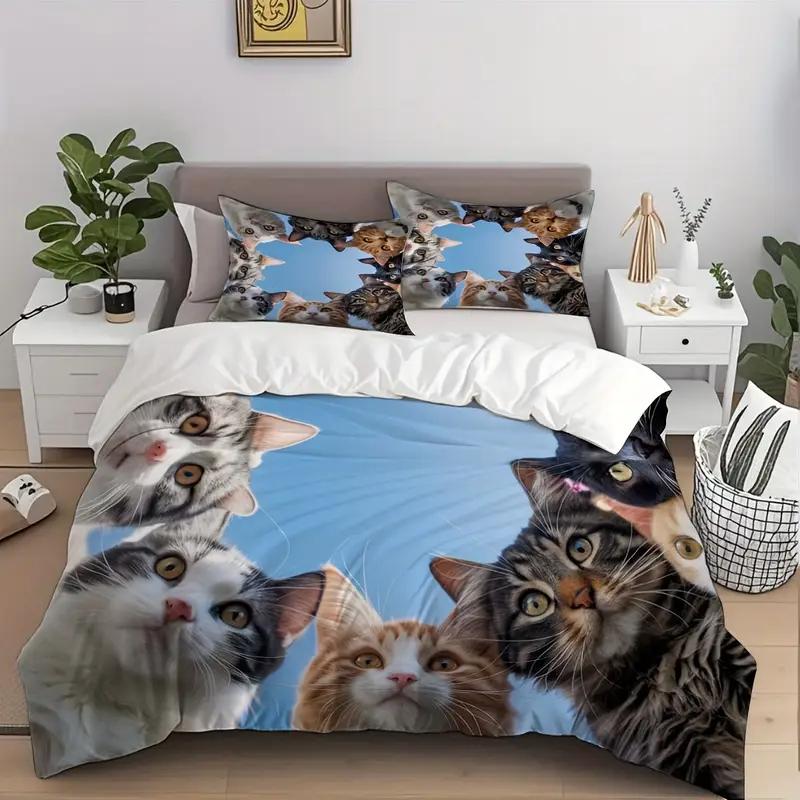 Lovely Cute Cat 3D Print Bedding Set Cozy Duvet Cover King Queen Twin Single Size Birthday Gift Girl Boy Kid Bedroom Decoration